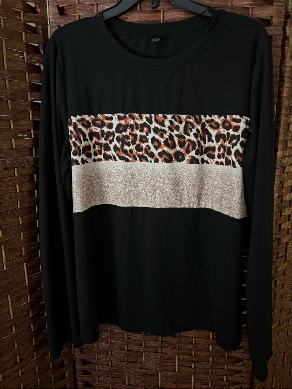 Women's Black Long Sleeve Top with Leopard and Cream Stripe
